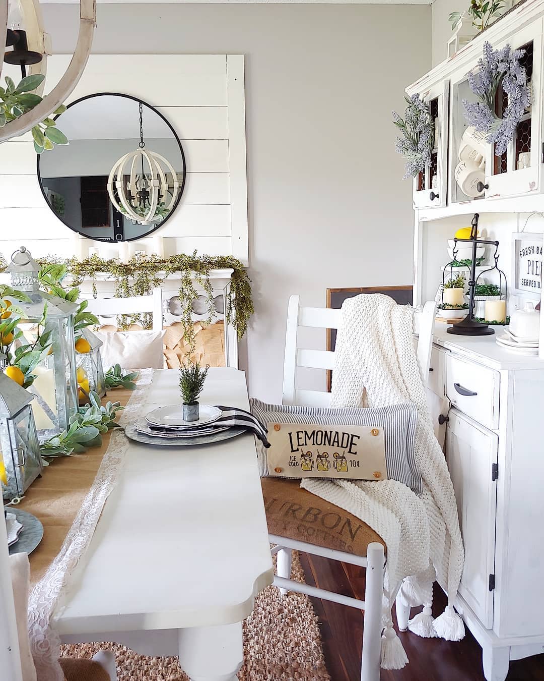 farmhouse dining room rustic table white cabinet glass mirror 